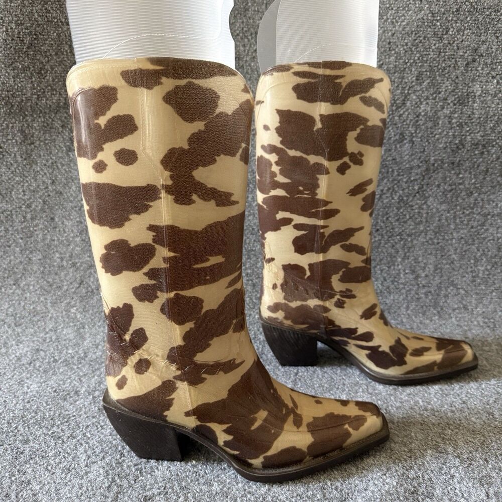 Donald J Pliner Western Equestrian Rain Boots Cow Print Brown Beige 8 Rubber